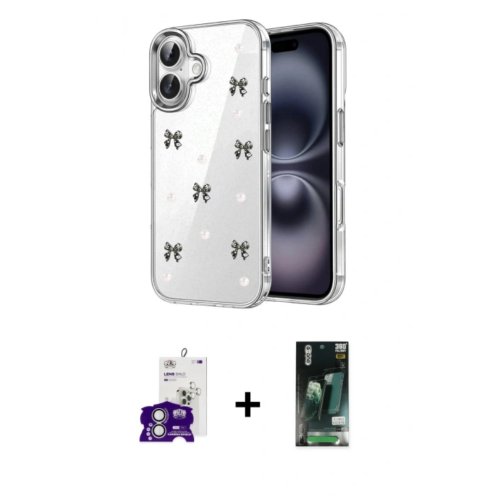 MARSİLYAN™- iPhone 16 Kılıf Yörünge Form - Siyah 360 Mat Full Body Arka Koruyucu + Bilvis Titan Kamera Lens - GS