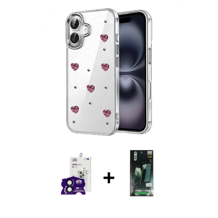 MARSİLYAN™- iPhone 16 Kılıf Yörünge Form - Siyah 360 Mat Full Body Arka Koruyucu + Bilvis Titan Kamera Lens - SH