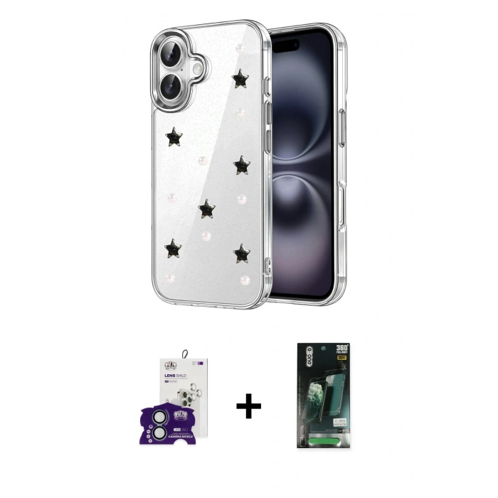 MARSİLYAN™- iPhone 16 Kılıf Yörünge Form - Siyah 360 Mat Full Body Arka Koruyucu + Bilvis Titan Kamera Lens - YL