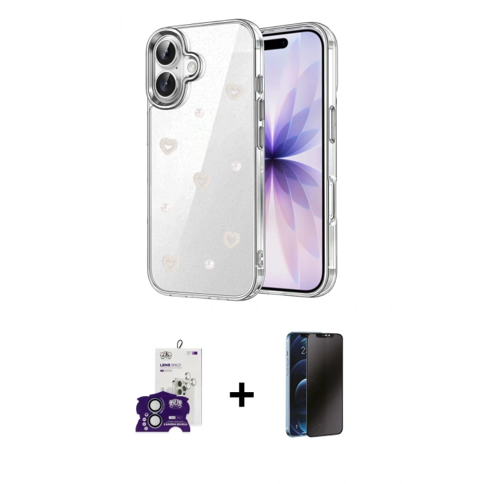 MARSİLYAN™- iPhone 16 Kılıf Yörünge Form - Siyah 3D Antistatik Hayalet Cam Ekran Koruyucu + Bilvis Titan Kamera Lens - YL