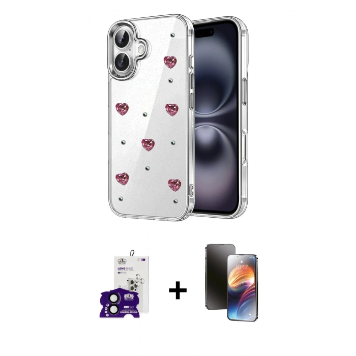 MARSİLYAN™- iPhone 16 Kılıf Yörünge Form - Siyah 3D Antistatik Mat Seramik Nano Ekran Koruyucu + Bilvis Titan Kamera Lens - SH