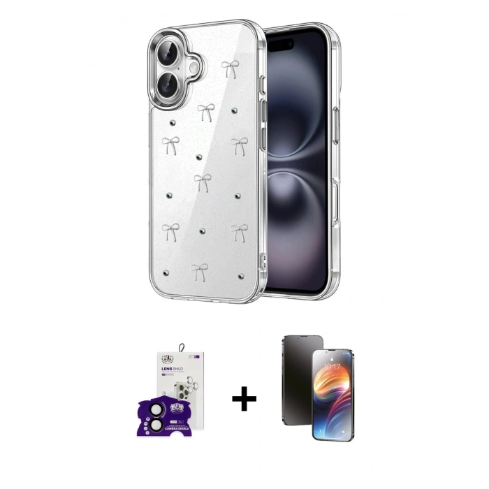 MARSİLYAN™- iPhone 16 Kılıf Yörünge Form - Siyah 3D Antistatik Mat Seramik Nano Ekran Koruyucu + Bilvis Titan Kamera Lens - SH