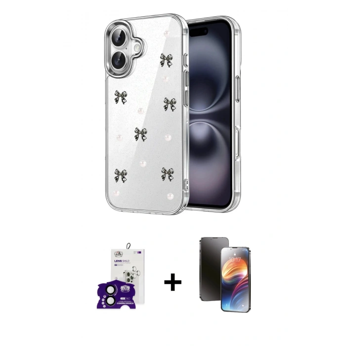 MARSİLYAN™- iPhone 16 Kılıf Yörünge Form - Siyah 3D Antistatik Mat Seramik Nano Ekran Koruyucu + Bilvis Titan Kamera Lens - SH