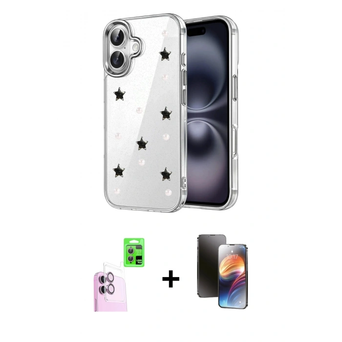 MARSİLYAN™- iPhone 16 Kılıf Yörünge Form - Siyah 3D Antistatik Mat Seramik Nano Ekran Koruyucu + Raze Metal Kamera Lens - PE