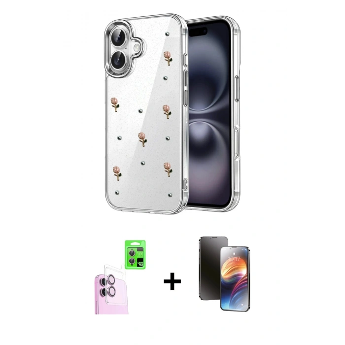 MARSİLYAN™- iPhone 16 Kılıf Yörünge Form - Siyah 3D Antistatik Mat Seramik Nano Ekran Koruyucu + Raze Metal Kamera Lens - PE