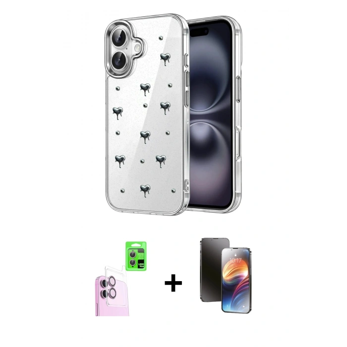 MARSİLYAN™- iPhone 16 Kılıf Yörünge Form - Siyah 3D Antistatik Mat Seramik Nano Ekran Koruyucu + Raze Metal Kamera Lens - PE