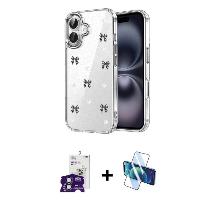 MARSİLYAN™- iPhone 16 Kılıf Yörünge Form - Siyah 3D Antistatik Seramik Nano Ekran Koruyucu + Bilvis Titan Kamera Lens - YL