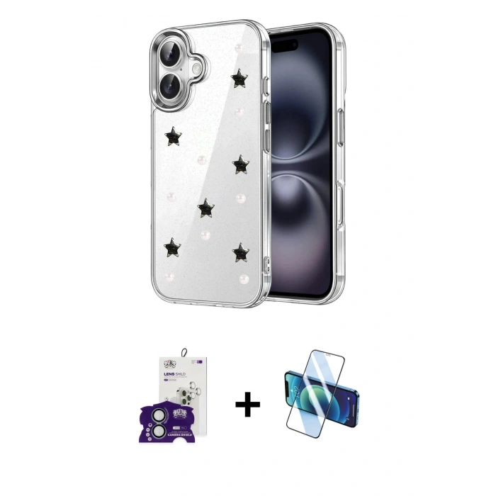 MARSİLYAN™- iPhone 16 Kılıf Yörünge Form - Siyah 3D Antistatik Seramik Nano Ekran Koruyucu + Bilvis Titan Kamera Lens - YL