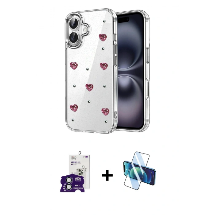 MARSİLYAN™- iPhone 16 Kılıf Yörünge Form - Siyah 3D Antistatik Seramik Nano Ekran Koruyucu + Bilvis Titan Kamera Lens - YL