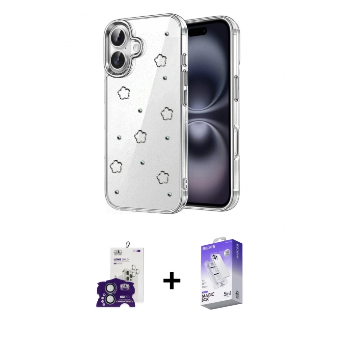 MARSİLYAN™- iPhone 16 Kılıf Yörünge Form - Siyah Bilvis 5in1 3D Magic Cam Ekran Koruyucu + Bilvis Titan Kamera Lens - YL