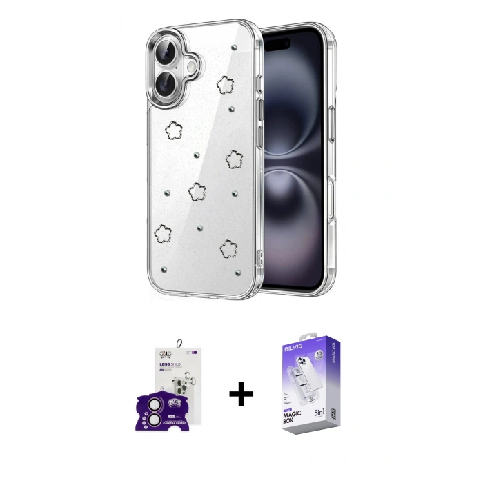 MARSİLYAN™- iPhone 16 Kılıf Yörünge Form - Siyah Bilvis 5in1 3D Magic Cam Ekran Koruyucu + Bilvis Titan Kamera Lens - PE