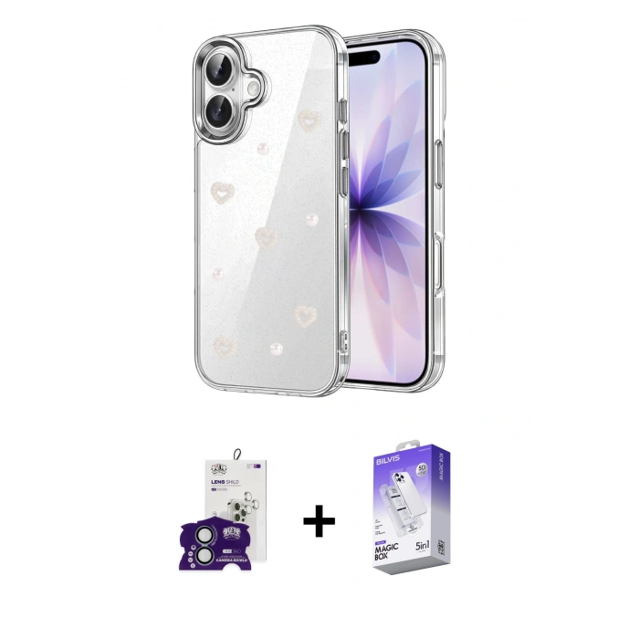MARSİLYAN™- iPhone 16 Kılıf Yörünge Form - Siyah Bilvis 5in1 3D Magic Cam Ekran Koruyucu + Bilvis Titan Kamera Lens - YL
