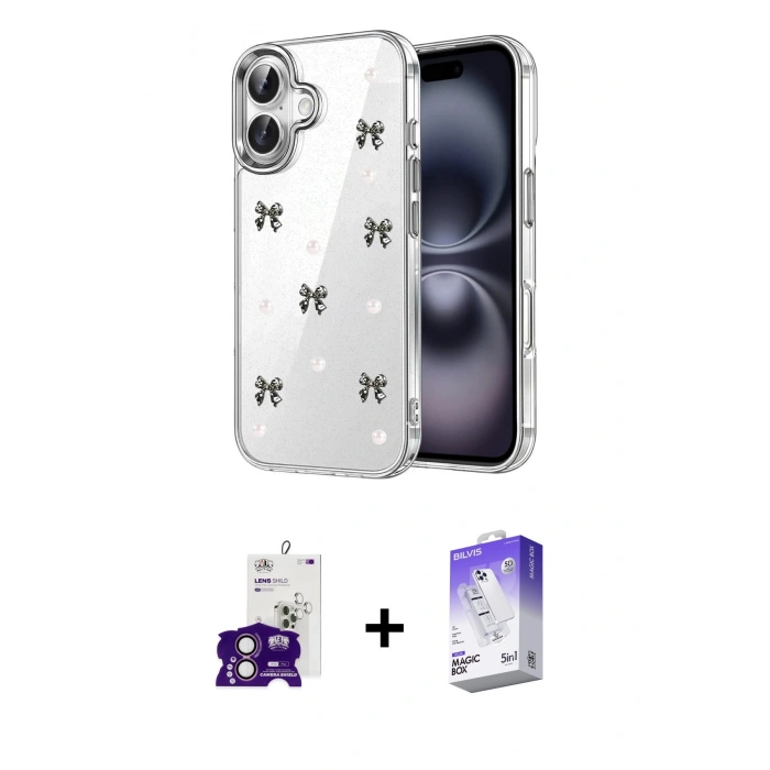 MARSİLYAN™- iPhone 16 Kılıf Yörünge Form - Siyah Bilvis 5in1 3D Magic Cam Ekran Koruyucu + Bilvis Titan Kamera Lens - PE