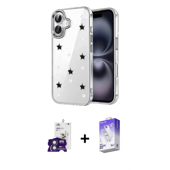 MARSİLYAN™- iPhone 16 Kılıf Yörünge Form - Siyah Bilvis 5in1 3D Magic Cam Ekran Koruyucu + Bilvis Titan Kamera Lens - YL