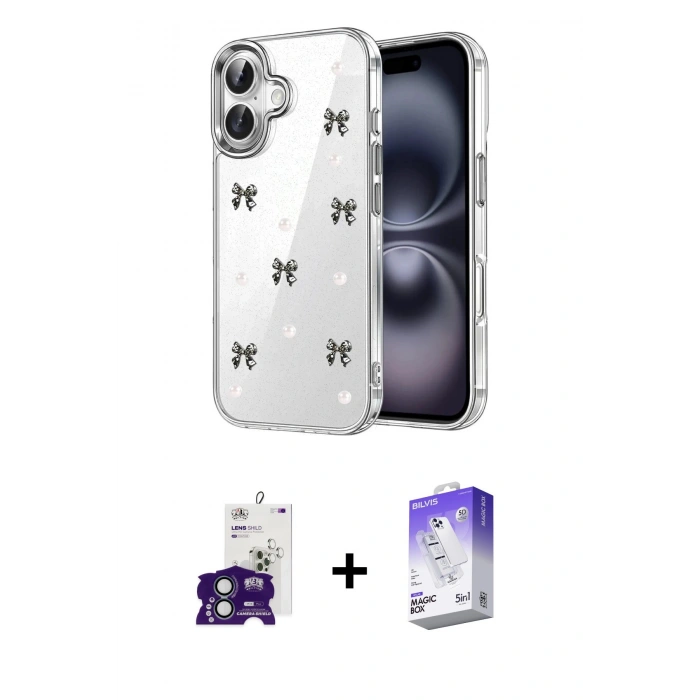 MARSİLYAN™- iPhone 16 Kılıf Yörünge Form - Siyah Bilvis 5in1 3D Magic Cam Ekran Koruyucu + Bilvis Titan Kamera Lens - YL