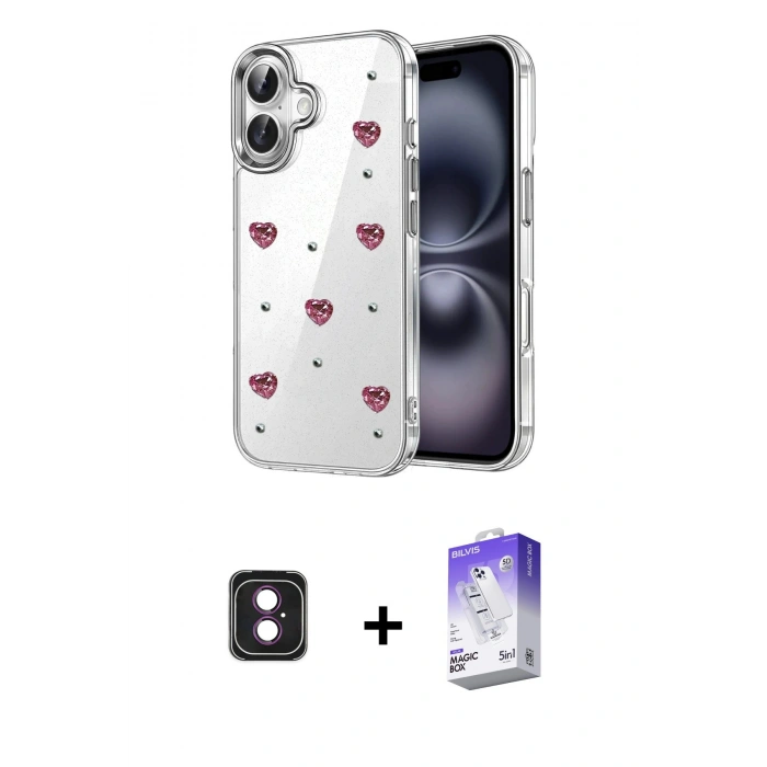 MARSİLYAN™- iPhone 16 Kılıf Yörünge Form - Siyah Bilvis 5in1 3D Magic Cam Ekran Koruyucu + PVD Metal Kamera Lens - PE