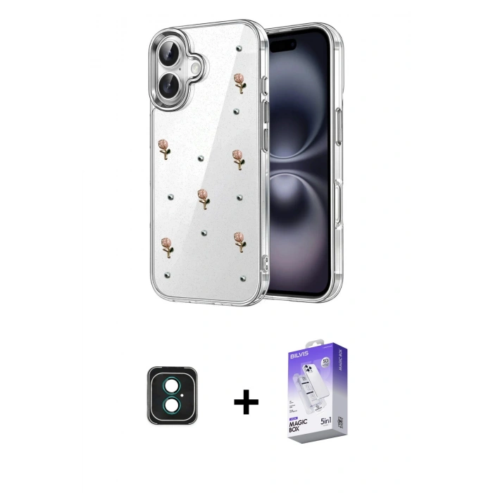 MARSİLYAN™- iPhone 16 Kılıf Yörünge Form - Siyah Bilvis 5in1 3D Magic Cam Ekran Koruyucu + PVD Metal Kamera Lens - YL