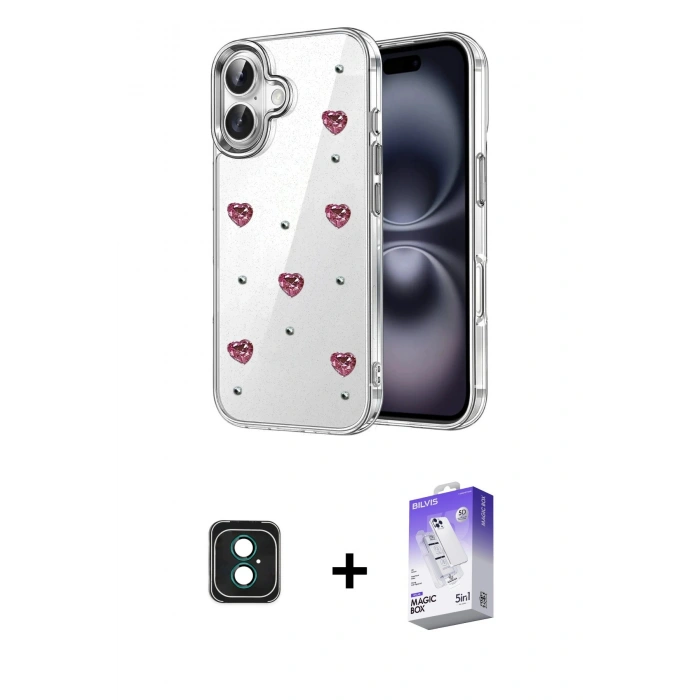 MARSİLYAN™- iPhone 16 Kılıf Yörünge Form - Siyah Bilvis 5in1 3D Magic Cam Ekran Koruyucu + PVD Metal Kamera Lens - YL