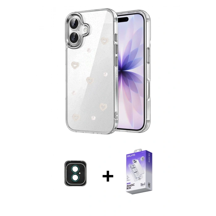 MARSİLYAN™- iPhone 16 Kılıf Yörünge Form - Siyah Bilvis 5in1 3D Magic Cam Ekran Koruyucu + PVD Metal Kamera Lens - YL