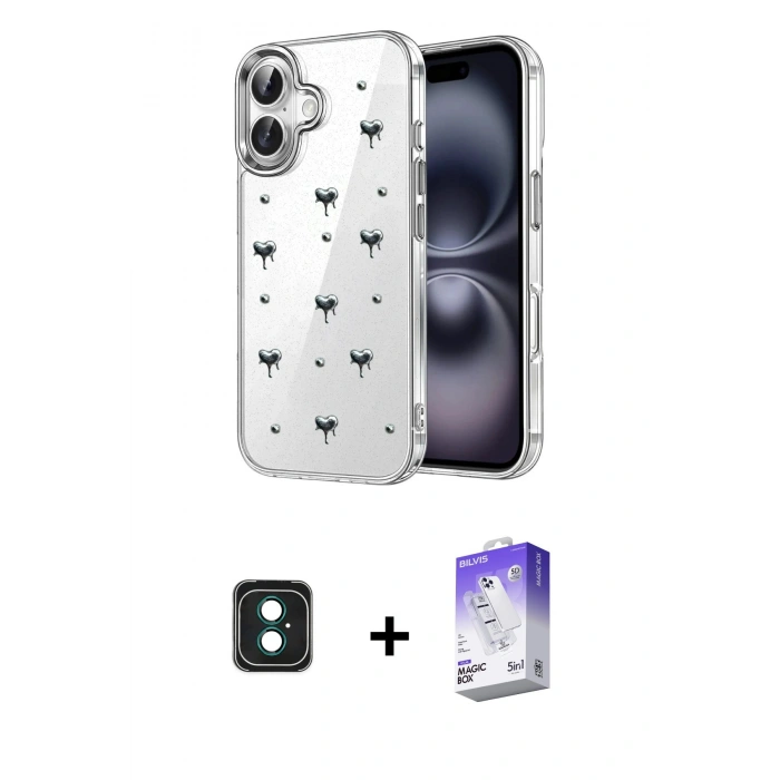 MARSİLYAN™- iPhone 16 Kılıf Yörünge Form - Siyah Bilvis 5in1 3D Magic Cam Ekran Koruyucu + PVD Metal Kamera Lens - YL