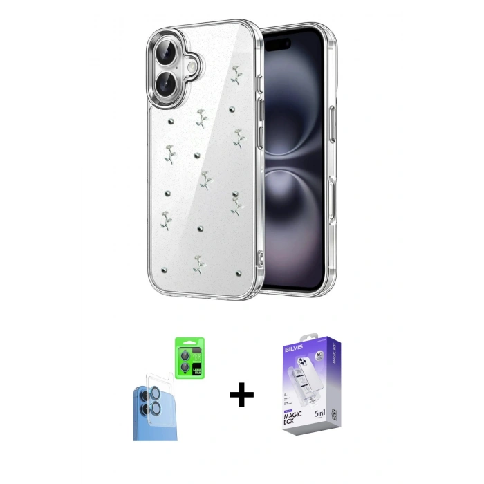MARSİLYAN™- iPhone 16 Kılıf Yörünge Form - Siyah Bilvis 5in1 3D Magic Cam Ekran Koruyucu + Raze Metal Kamera Lens - LT