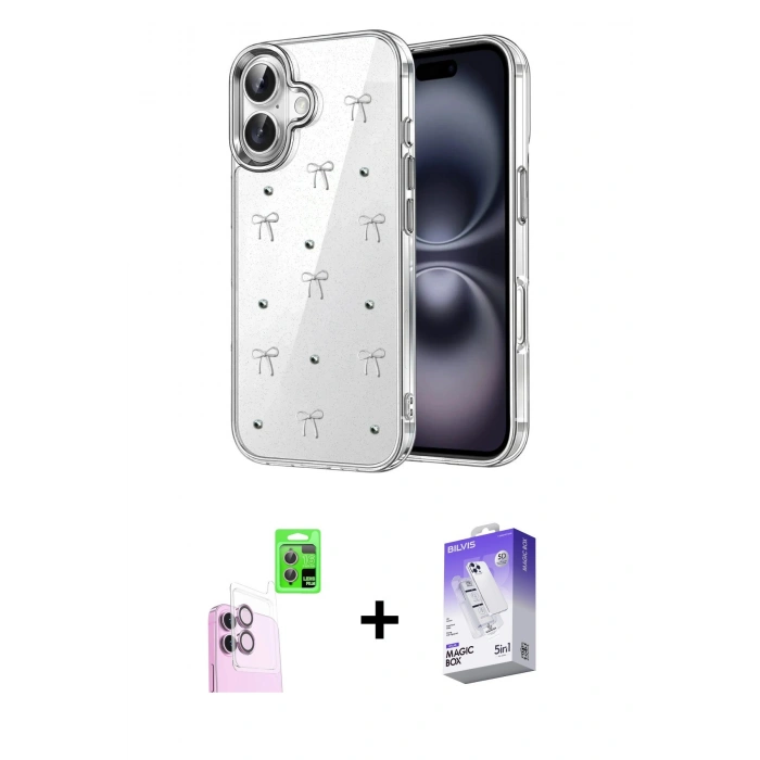 MARSİLYAN™- iPhone 16 Kılıf Yörünge Form - Siyah Bilvis 5in1 3D Magic Cam Ekran Koruyucu + Raze Metal Kamera Lens - PE