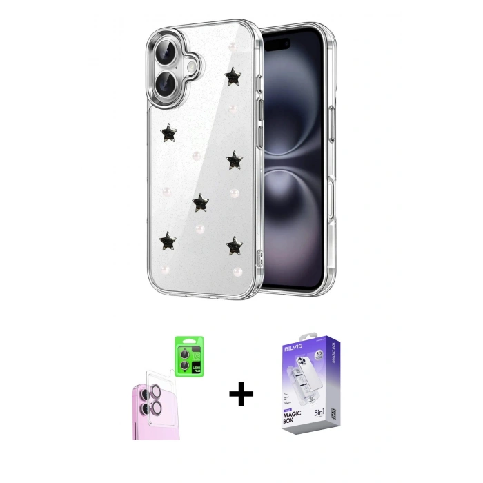 MARSİLYAN™- iPhone 16 Kılıf Yörünge Form - Siyah Bilvis 5in1 3D Magic Cam Ekran Koruyucu + Raze Metal Kamera Lens - PE