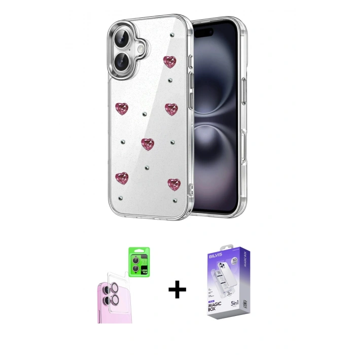 MARSİLYAN™- iPhone 16 Kılıf Yörünge Form - Siyah Bilvis 5in1 3D Magic Cam Ekran Koruyucu + Raze Metal Kamera Lens - PE