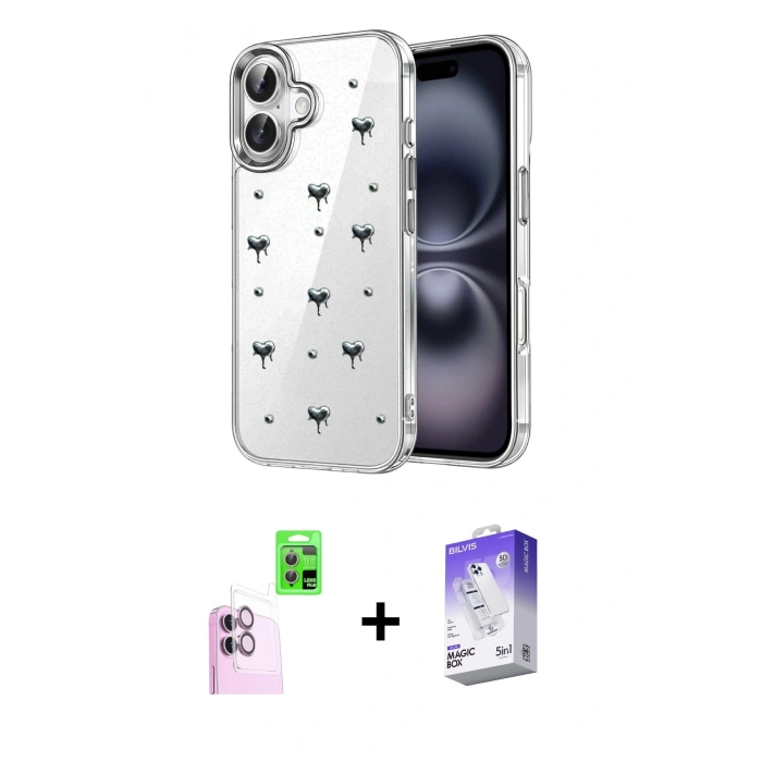 MARSİLYAN™- iPhone 16 Kılıf Yörünge Form - Siyah Bilvis 5in1 3D Magic Cam Ekran Koruyucu + Raze Metal Kamera Lens - PE