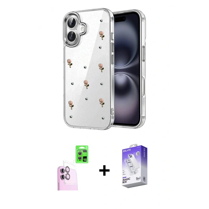 MARSİLYAN™- iPhone 16 Kılıf Yörünge Form - Siyah Bilvis 5in1 3D Magic Cam Ekran Koruyucu + Raze Metal Kamera Lens - PE
