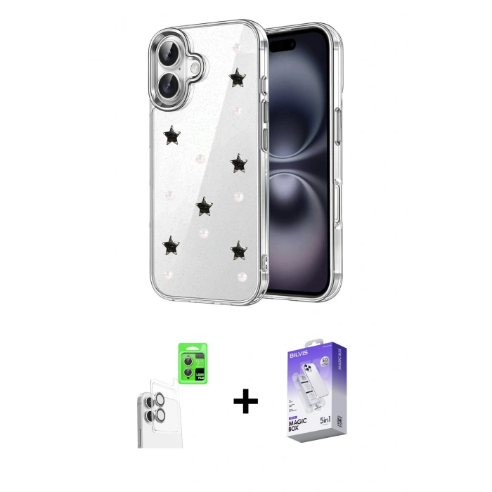 MARSİLYAN™- iPhone 16 Kılıf Yörünge Form - Siyah Bilvis 5in1 3D Magic Cam Ekran Koruyucu + Raze Metal Kamera Lens - BZ