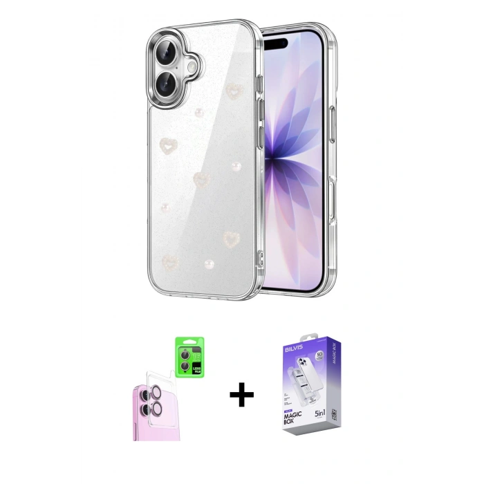 MARSİLYAN™- iPhone 16 Kılıf Yörünge Form - Siyah Bilvis 5in1 3D Magic Cam Ekran Koruyucu + Raze Metal Kamera Lens - PE