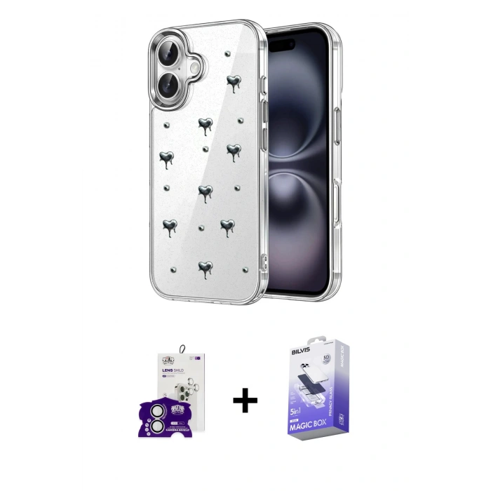 MARSİLYAN™- iPhone 16 Kılıf Yörünge Form - Siyah Bilvis 5in1 5D Magic Hayalet Cam Ekran Koruyucu + Bilvis Titan Kamera Lens - GS