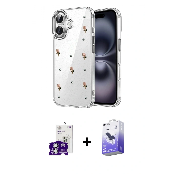 MARSİLYAN™- iPhone 16 Kılıf Yörünge Form - Siyah Bilvis 5in1 5D Magic Hayalet Cam Ekran Koruyucu + Bilvis Titan Kamera Lens - GS