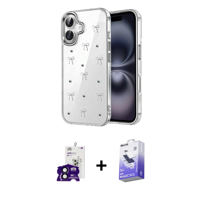 MARSİLYAN™- iPhone 16 Kılıf Yörünge Form - Siyah Bilvis 5in1 5D Magic Hayalet Cam Ekran Koruyucu + Bilvis Titan Kamera Lens - SH