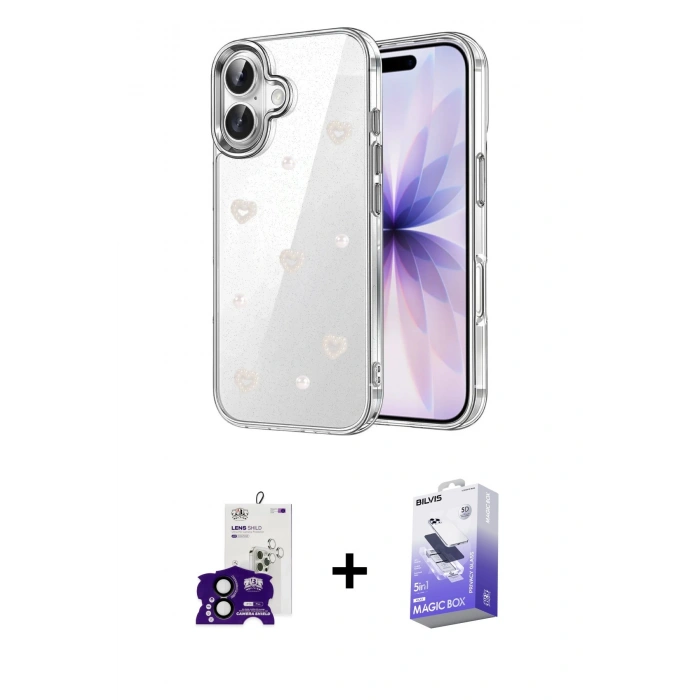 MARSİLYAN™- iPhone 16 Kılıf Yörünge Form - Siyah Bilvis 5in1 5D Magic Hayalet Cam Ekran Koruyucu + Bilvis Titan Kamera Lens - SH
