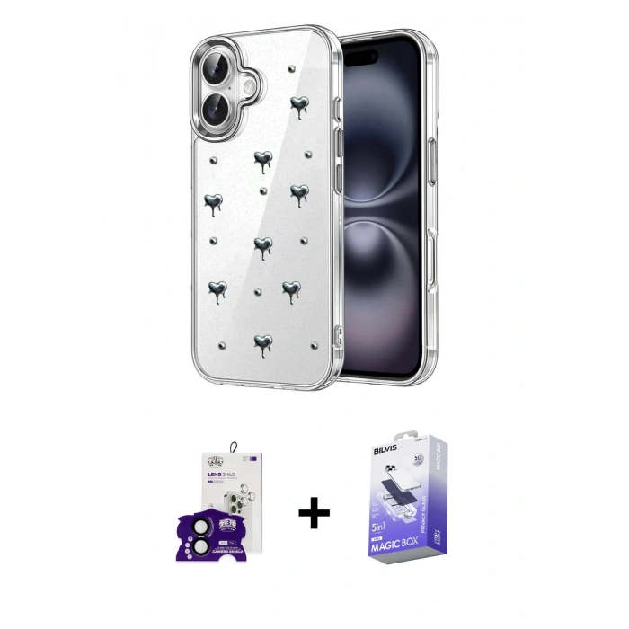 MARSİLYAN™- iPhone 16 Kılıf Yörünge Form - Siyah Bilvis 5in1 5D Magic Hayalet Cam Ekran Koruyucu + Bilvis Titan Kamera Lens - SH