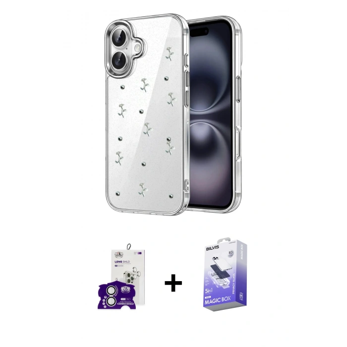 MARSİLYAN™- iPhone 16 Kılıf Yörünge Form - Siyah Bilvis 5in1 5D Magic Hayalet Cam Ekran Koruyucu + Bilvis Titan Kamera Lens - GS