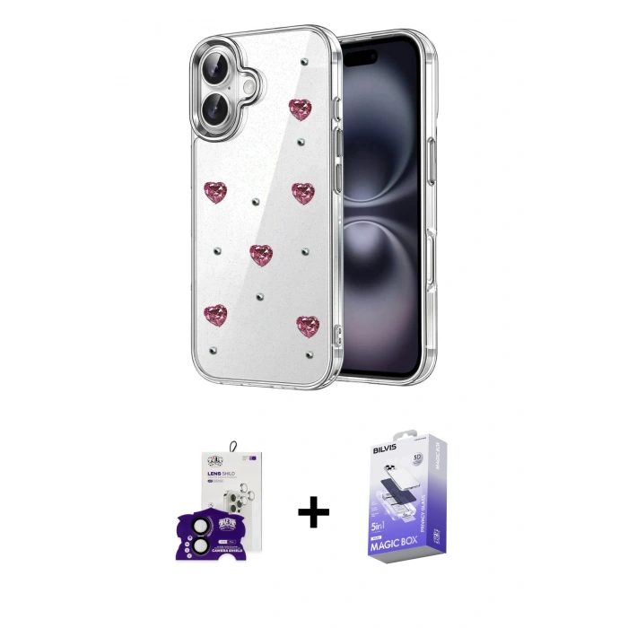 MARSİLYAN™- iPhone 16 Kılıf Yörünge Form - Siyah Bilvis 5in1 5D Magic Hayalet Cam Ekran Koruyucu + Bilvis Titan Kamera Lens - SH