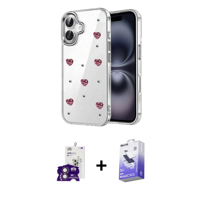 MARSİLYAN™- iPhone 16 Kılıf Yörünge Form - Siyah Bilvis 5in1 5D Magic Hayalet Cam Ekran Koruyucu + Bilvis Titan Kamera Lens - PE