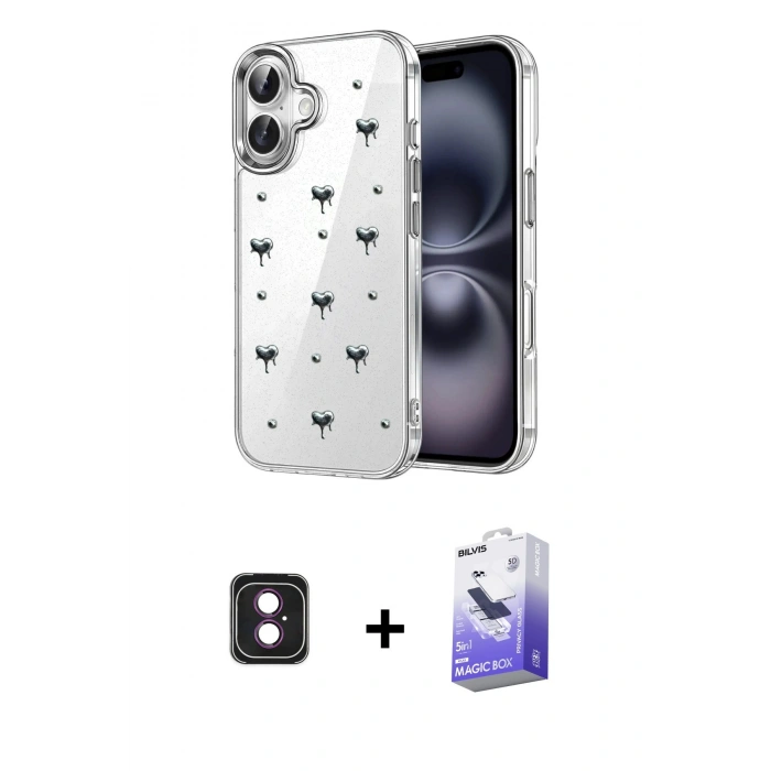 MARSİLYAN™- iPhone 16 Kılıf Yörünge Form - Siyah Bilvis 5in1 5D Magic Hayalet Cam Ekran Koruyucu + PVD Metal Kamera Lens - PE