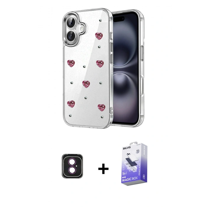 MARSİLYAN™- iPhone 16 Kılıf Yörünge Form - Siyah Bilvis 5in1 5D Magic Hayalet Cam Ekran Koruyucu + PVD Metal Kamera Lens - PE