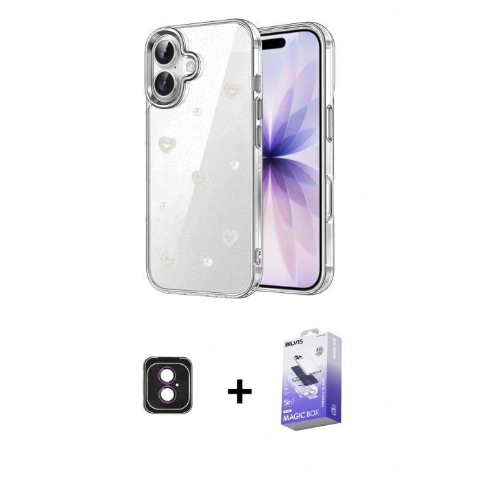 MARSİLYAN™- iPhone 16 Kılıf Yörünge Form - Siyah Bilvis 5in1 5D Magic Hayalet Cam Ekran Koruyucu + PVD Metal Kamera Lens - PE