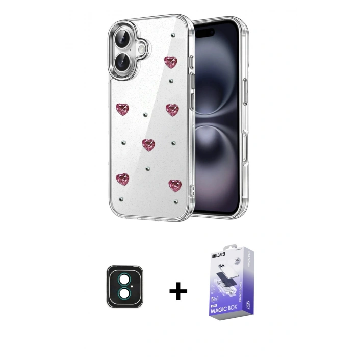 MARSİLYAN™- iPhone 16 Kılıf Yörünge Form - Siyah Bilvis 5in1 5D Magic Hayalet Cam Ekran Koruyucu + PVD Metal Kamera Lens - YL