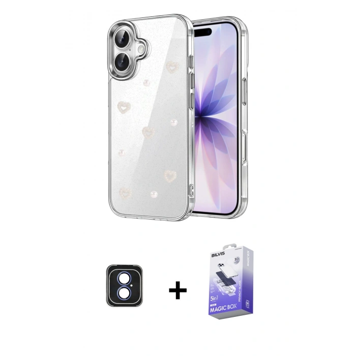 MARSİLYAN™- iPhone 16 Kılıf Yörünge Form - Siyah Bilvis 5in1 5D Magic Hayalet Cam Ekran Koruyucu + PVD Metal Kamera Lens - MI