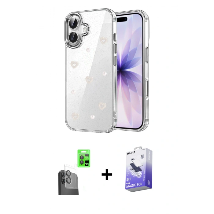 MARSİLYAN™- iPhone 16 Kılıf Yörünge Form - Siyah Bilvis 5in1 5D Magic Hayalet Cam Ekran Koruyucu + Raze Metal Kamera Lens - SH