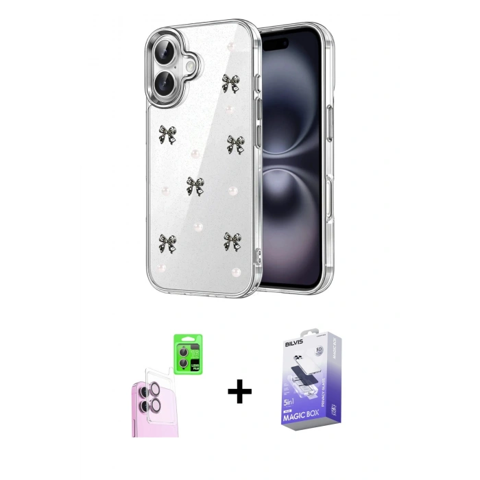 MARSİLYAN™- iPhone 16 Kılıf Yörünge Form - Siyah Bilvis 5in1 5D Magic Hayalet Cam Ekran Koruyucu + Raze Metal Kamera Lens - PE