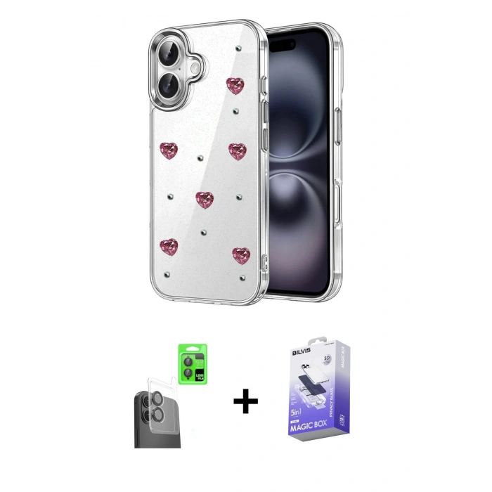 MARSİLYAN™- iPhone 16 Kılıf Yörünge Form - Siyah Bilvis 5in1 5D Magic Hayalet Cam Ekran Koruyucu + Raze Metal Kamera Lens - SH