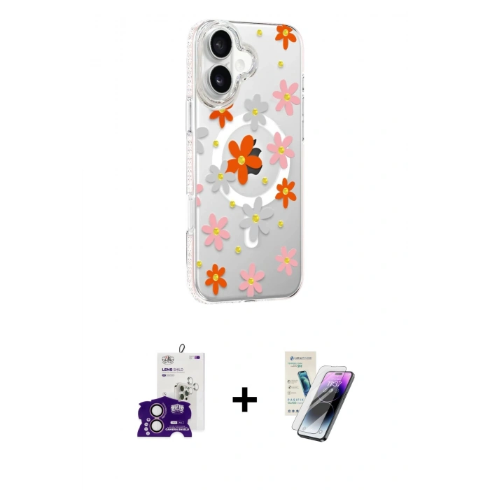 MARSİLYAN™- iPhone 16 Kılıf Yörünge Işık Prime - Şeffaf Pasifik Cam Ekran Koruyucu + Bilvis Titan Kamera Lens - PE