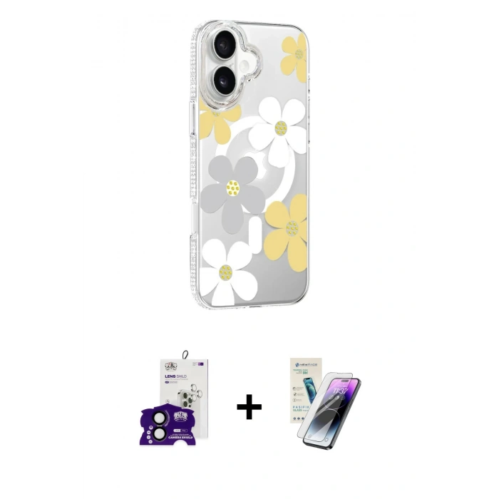 MARSİLYAN™- iPhone 16 Kılıf Yörünge Işık Prime - Şeffaf Pasifik Cam Ekran Koruyucu + Bilvis Titan Kamera Lens - SH